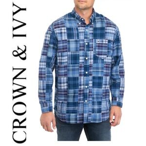Crown & Ivy Men's Multi-Blue Plaid Button Down Shirt